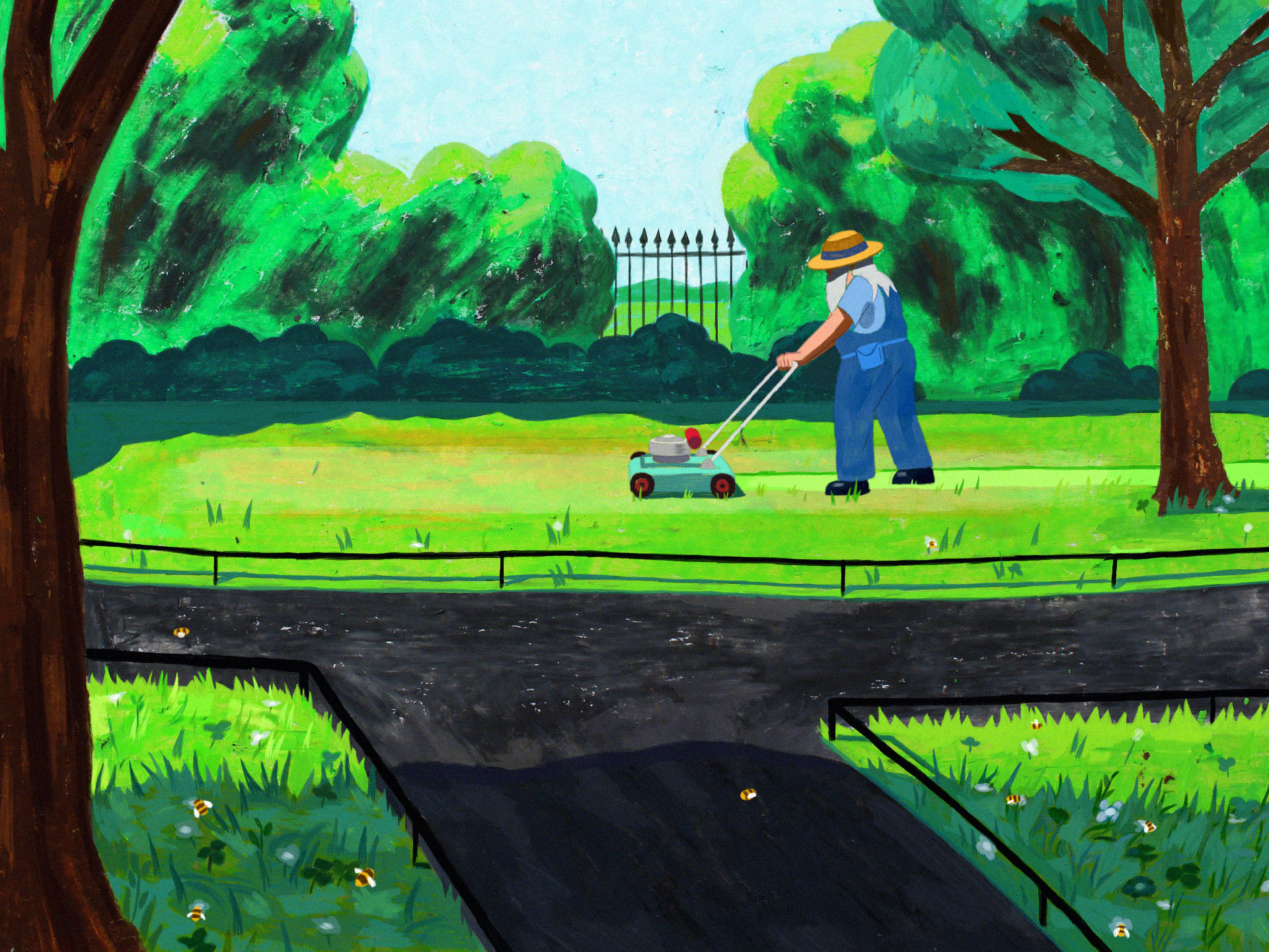 Still image from animated music video of man mowing grass.